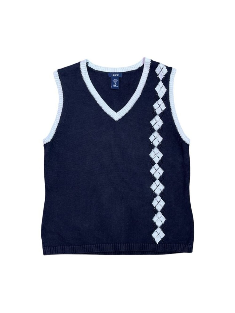Vintage Izod Argyle Sweater Vest Women's Medium Black White Cotton Preppy Golf